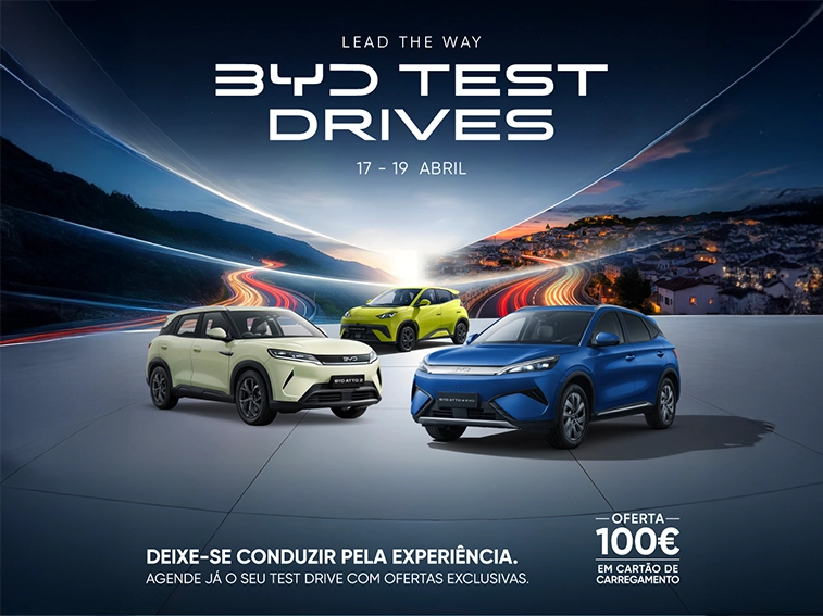 A A MatosCar em Évora recebe os BYD Test Drives entre 17 e 19 de abril, com a oportunidade de testar a gama elétrica e híbrida plug-in da marca.