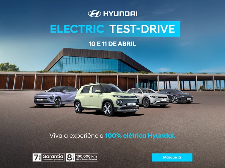 A A MatosCar promove os Hyundai Electric Test Drive em Évora e Beja, nos dias 10 e 11 de abril, com a oportunidade de testar a gama elétrica da marca e conhecer condições exclusivas.